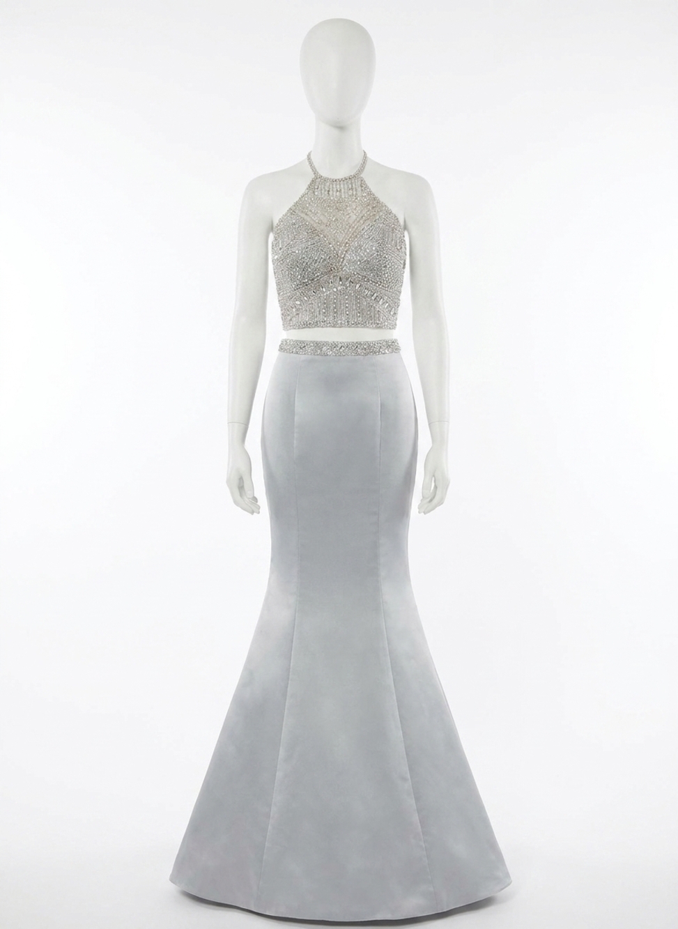 NEW RACHEL ALLAN matte satin two-piece mermaid gown in platinum